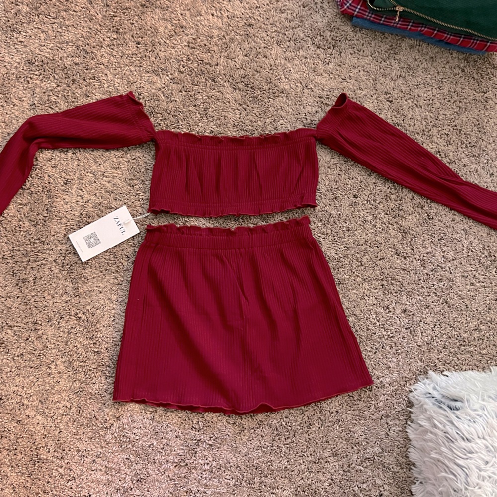Zaful Red Smocked Crop Blouse and Skirt